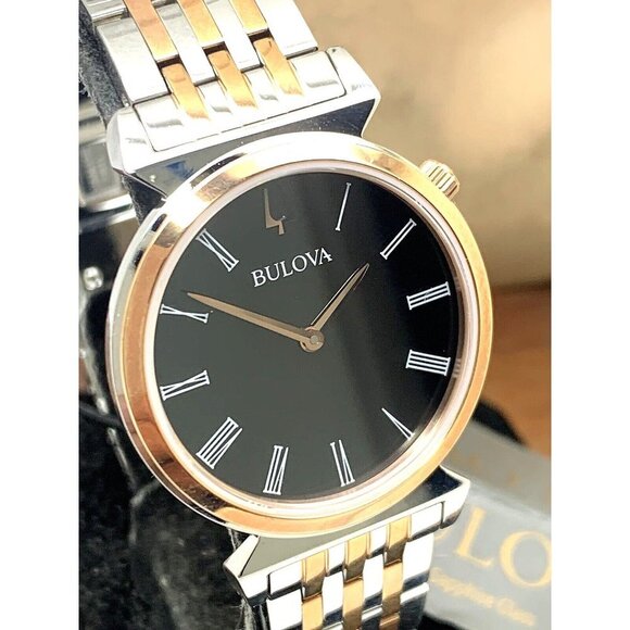 Bulova Women's Watch 98L265 Quartz Black Dial Rose Gold Silver Stainless…